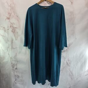 J Jill Dress Womens Large Green Teal Long Sleeve Eyelet Embroidered Midi